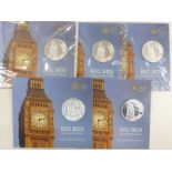 Five Royal Mint 2015 Big Ben £100 fine silver coins, in original packaging