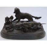 Bronze figure of dogs flushing pheasant from undergrowth, mounted on a marble plinth, H 26cm x L