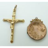 A 9ct gold crucifix and a 9ct gold back and front locket