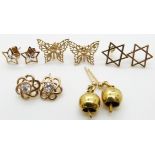 Four pairs of 9ct gold earrings (5.1g) and a pair of silver gilt earrings