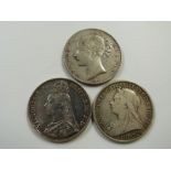 A trio of Victorian crowns to include young head 1847 XI, 1893 veiled head and an 1890 Jubilee