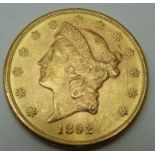 1892 USA Liberty head twenty dollar gold coin, San Francisco Mint, 33.4g