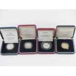 Four cased Royal Mint silver proof coins comprising 1994 Tercentenary two pound, 1996 football two