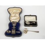 Mappin & Webb cased hallmarked silver christening set comprising egg cup, napkin ring and spoon,
