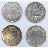 Four young head Victorian sixpences, three for 1868 and a further 1869 examples, die numbers 7,