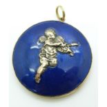 A 9ct gold pendant set with blue enamel and a cherub in relief to the centre, with a mirror verso,