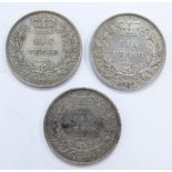 Three Victorian young head sixpences, F-NVF, 1850, 1853 and 1859