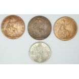 George V 1915 florin together with two George VI 1920 pennies, both near uncirculated and a