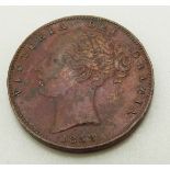 1858 Victorian copper farthing NEF, with red toning