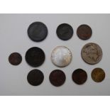 A small interesting collection includes Charles I farthing 1673 GF, William III 1697 halfpenny F,