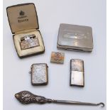 Ronson lighter, silver vesta case, silver button hook etc