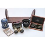 An oak booksafe, mother of pearl opera glasses, drawing set, card case, Wedgwood etc