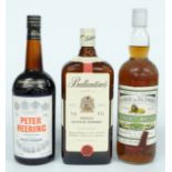 Three bottles of alcohol comprising 15 year old George & J.G Smith's Glenlivet whisky 26 2/3fl oz,