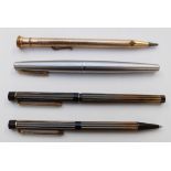 Four pens and propelling pencils comprising Shaeffer fountain pen with stainless steel barrel and