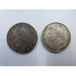 George III 1818 LVIII crown together with a George IV 1821 SECUNDO example, both F-VF