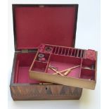 A 19thC marquetry and parquetry sewing box with fitted interior with original turned treen tape