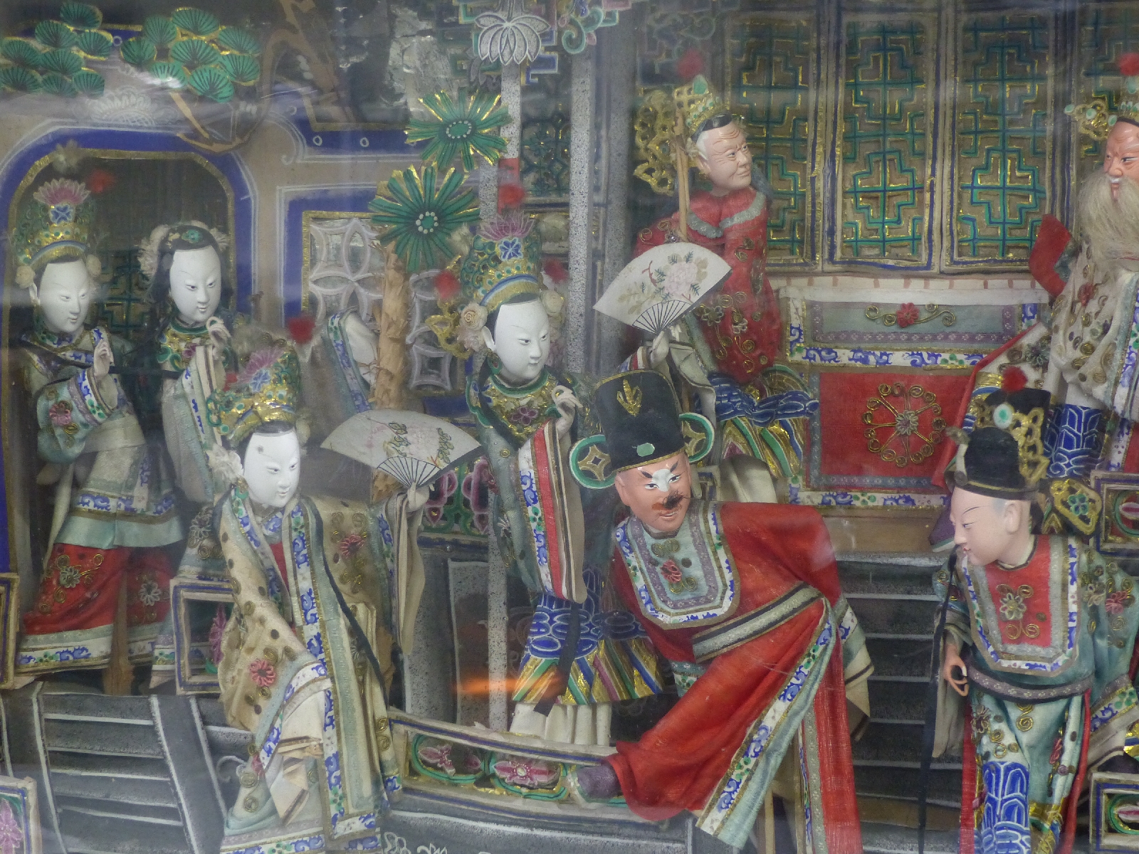 A cased Chinese diorama figure group of a court scene or play, H 43cm x W 63cm x D 15cm - Image 2 of 3