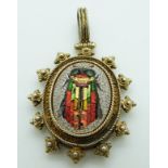 Victorian pendant set with micro mosaic depicting a fly/ insect, with glass compartment verso, 4.5 x