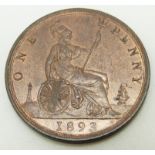 1893 later young head Victorian bronze penny, unc with lustre