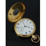 Waltham 18ct gold keyless winding half hunter pocket watch with inset subsidiary seconds dial, blued