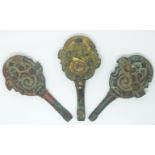Three bronze Chinese Han Dynasty belt hooks, with bat motif, 9.5cm