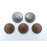 George IV and William IV copper third and half farthings 1827, 1828, NEF, 1835 EF with lustre and