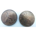 Victorian 1860 bronze young head penny TB together with an 1863 example, VF-EF, both with lustre