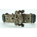 Victorian buckle bracelet of engraved silver links set with blood agate