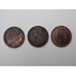1887, 1888 and 1889 Victorian bronze pennies, EF-NEF, some lustre, 3 coins