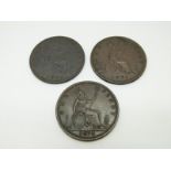 1874 Victorian later young head bronze penny together with an 1875 and an 1878 example, dark tone,