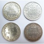 Four veiled head Victorian sixpences comprising two 1895 and 1896, and an 1899 example, all EF or