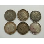 Six Victorian crowns comprising five veiled head and a Jubilee example, 1890, 1893, 1894, 1896, 1897