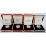 Four silver proof Piedfort one pound coins issued by the Royal Mint comprising 1987, 1993, 1997