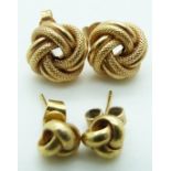 Two pairs of 9ct gold knot earrings, 3.2g