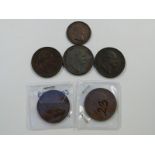 Five 1831 VF William IV copper pennies, no initials, together with a halfpenny with WW to