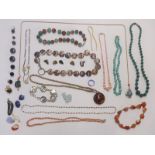 Necklaces including malachite, coral, shell and agate, Victorian banded agate earrings, agate