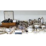 A quantity of silver plate including Elkington,Harrods, large tray teaware etc,