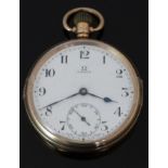 Omega 9ct gold keyless winding open faced pocket watch with inset subsidiary seconds dial, blued