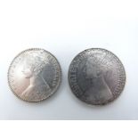 1849 Victorian godless florin together with an 1881 Gothic example, both around VF
