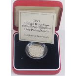 1993 cased silver proof Piedfort £1 coin