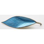 David Andersen Norway silver leaf brooch set with blue enamel, 6.5cm long