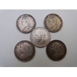 Five English crowns comprising 1896 & 1897 veiled heads, two 1888 Jubilee examples and a George V '