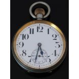 Swiss ‘Goliath’ nickel plated keyless winding open faced pocket watch with subsidiary seconds