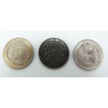 Three George III sixpences comprising 1821 first head, first reverse, VF and toned and two further