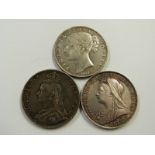 A trio of Victorian crowns to include young head 1847, 1899 LXII with star stops, and an 1891