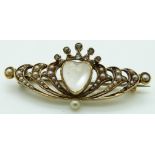 Victorian brooch in the form of a heart and coronet, set with a heart shaped moonstone, seed