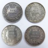 Four Victorian young head sixpences, F-NVF, 1851,1858, 1859 and 1860