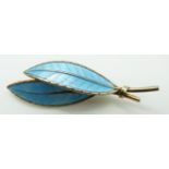Norwegian silver brooch in the form of two leaves set with blue enamel, 4.5cm long