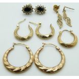 Three pairs of 9ct gold earrings