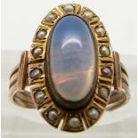 Victorian ring set with a moonstone surrounded by seed pearls, size H